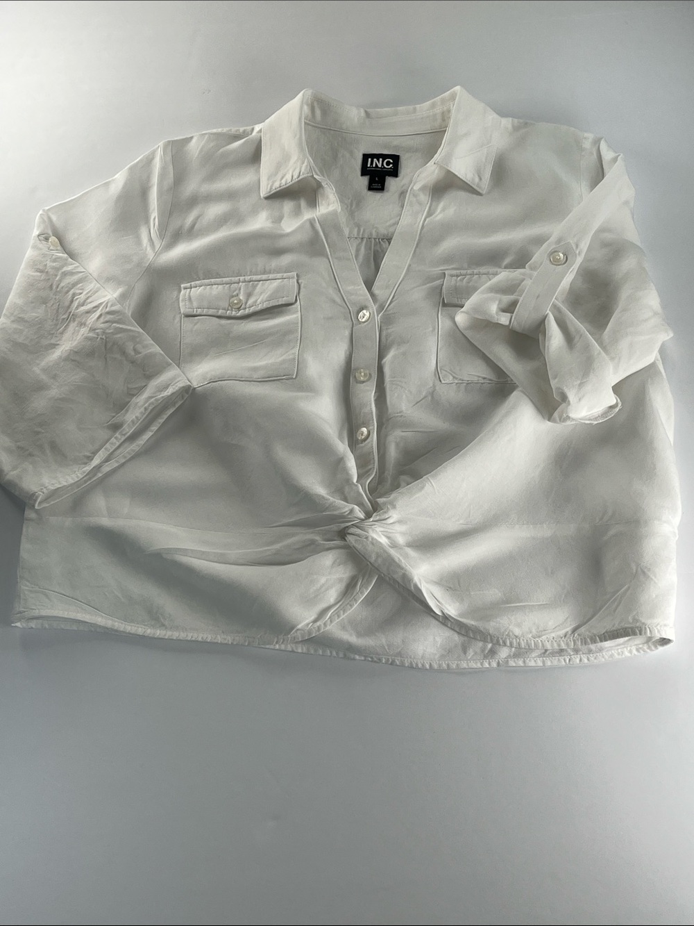 INC International Concepts White Tie-Front Button-Down Shirt Linen Blend Sz L